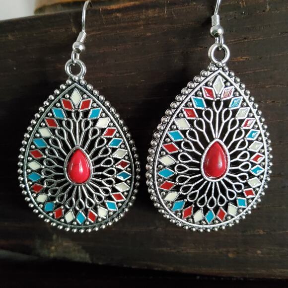 Boho Multicolor Dangle Teardrop Earrings - Picture 3 of 10